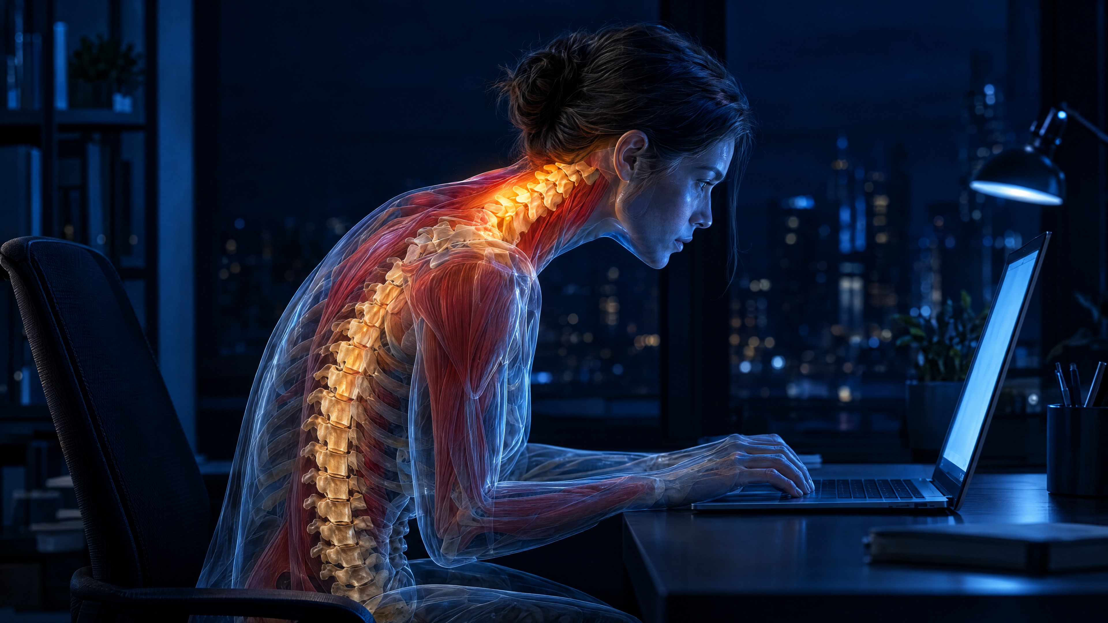 A translucent figure hunched at a laptop, neck and upper spine glowing with strain