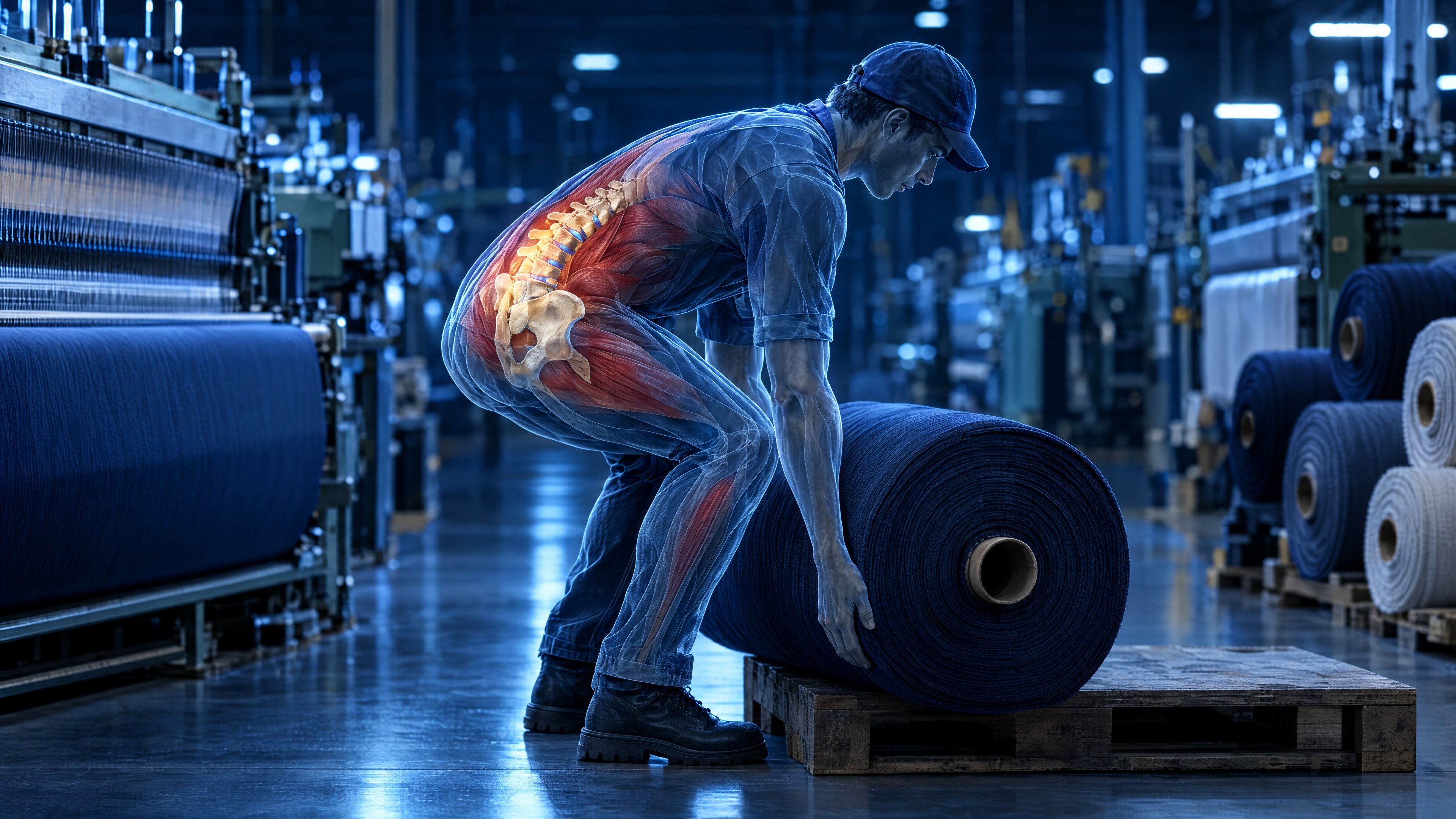 A translucent textile worker lifting a fabric roll, lower spine glowing